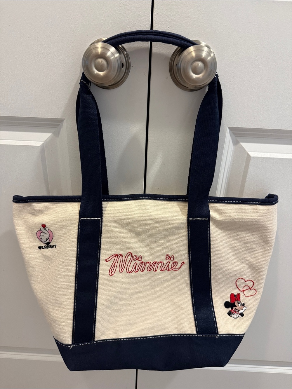 Old Navy Cream Canvas Minnie Tote with Navy Trim